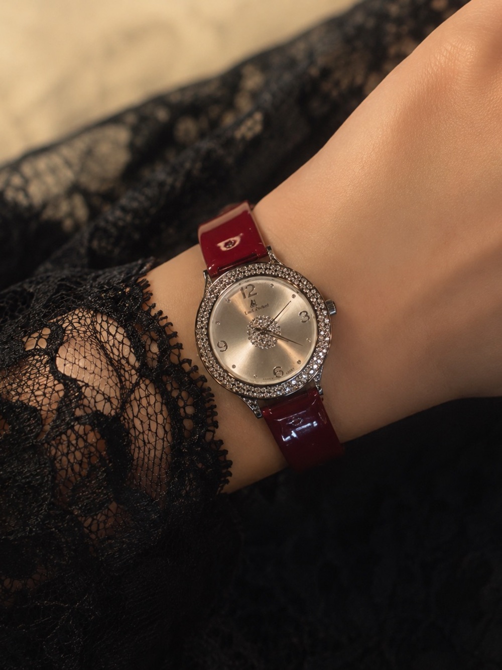 Crystal Accent Louis Arden Women's Watch with Burgundy Patent Strap